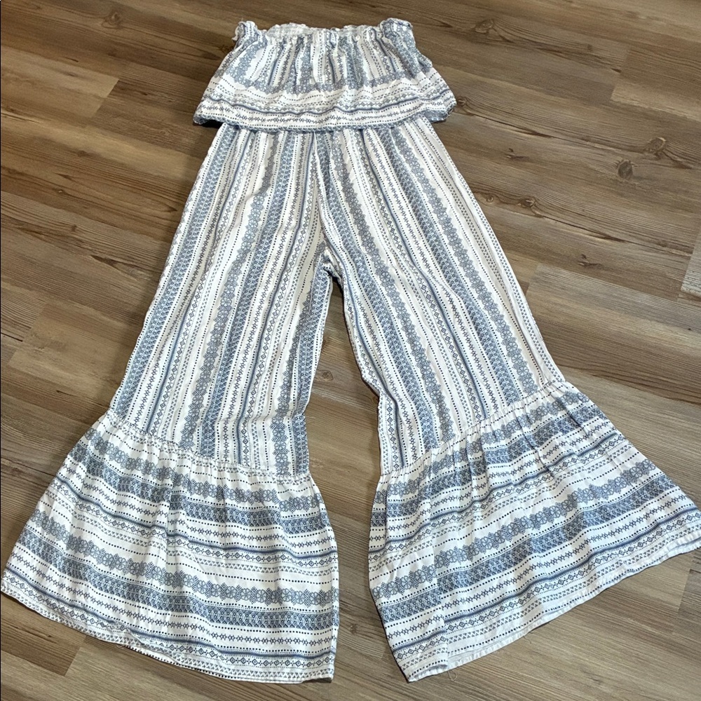 Japna sleeveless jumpsuit White blue Wide leg Flowy Tiered Lightweight Size XS - Picture 2 of 9